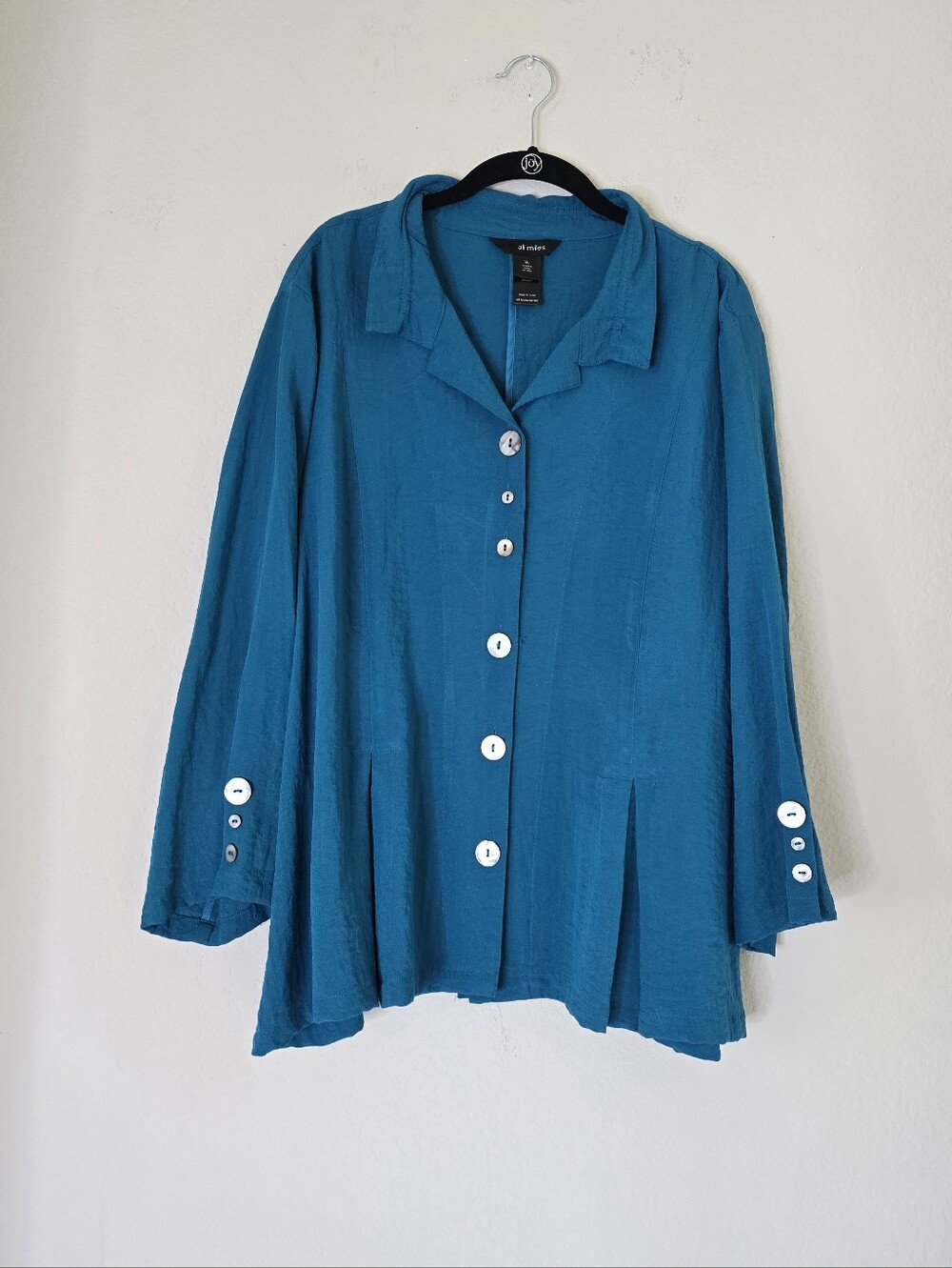 Ali Miles Tunic Top XL Woven Solid Wire Collar Pleated Button Front Turquoise